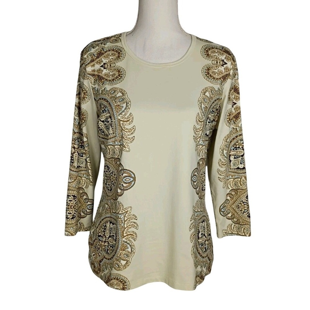 J McLAUGHLIN Cream PAISLEY DESIGN Catalina Pullover TOP 3/4 Sleeve Size L